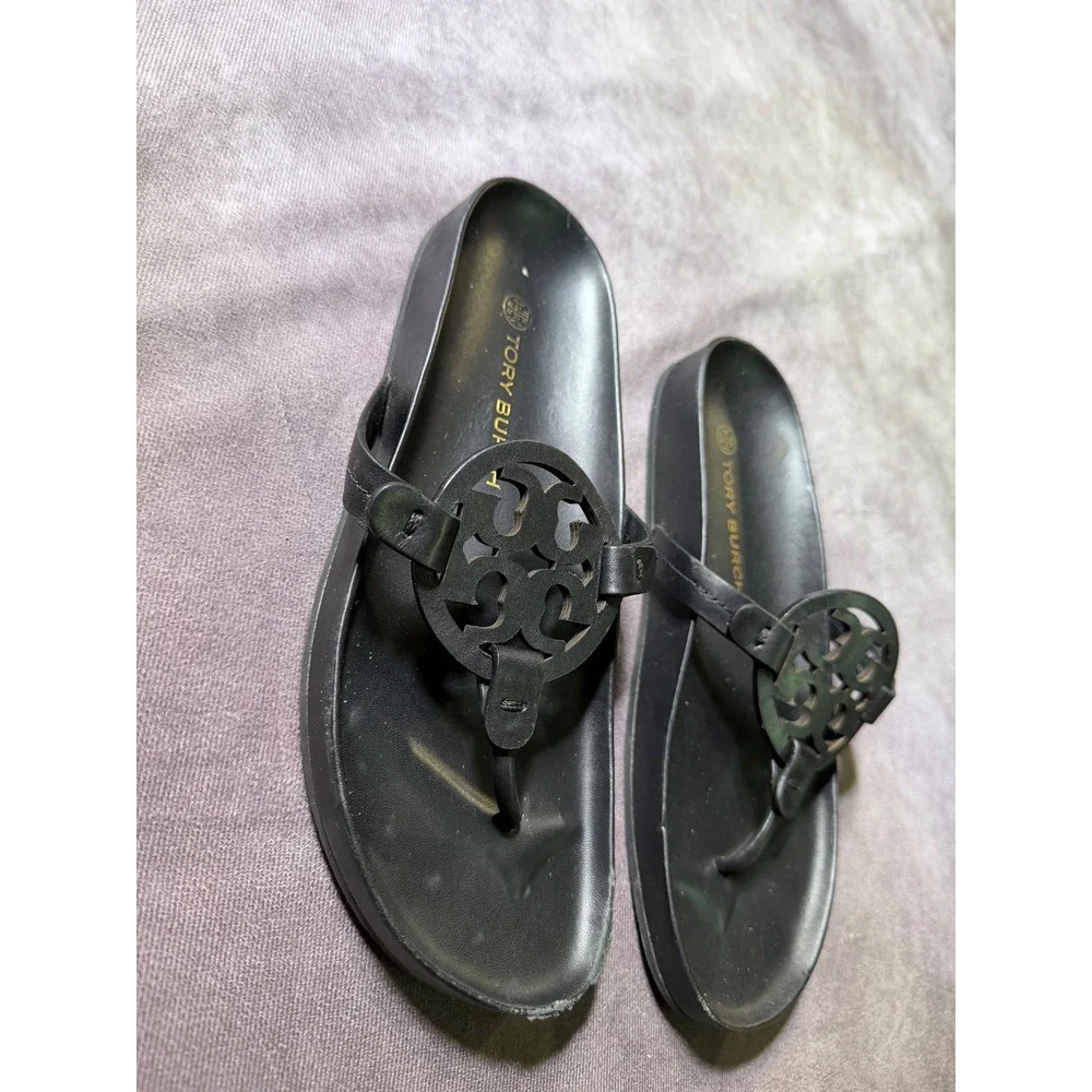 Tory Burch Miller Cloud Black Leather Logo Thong Sandals Womens 9